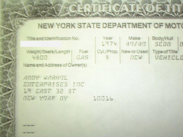 andy warhol's 1974 rolls-royce silver shadow dmv certificate
