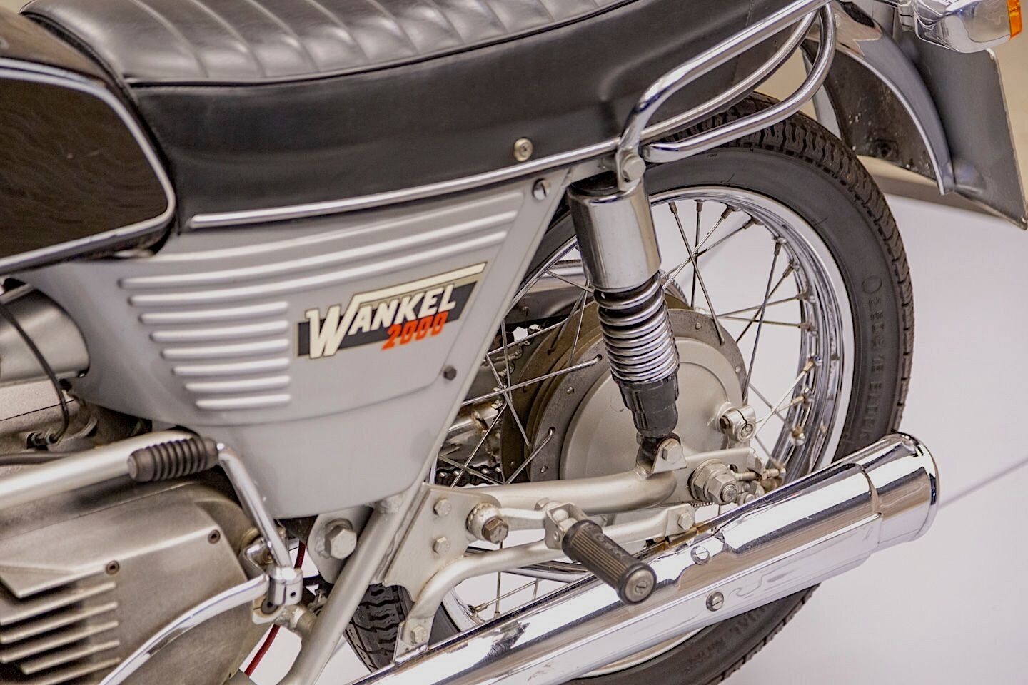 1977 Hercules W2000 Wankel - rear wheel, muffler, shock absorber - left side