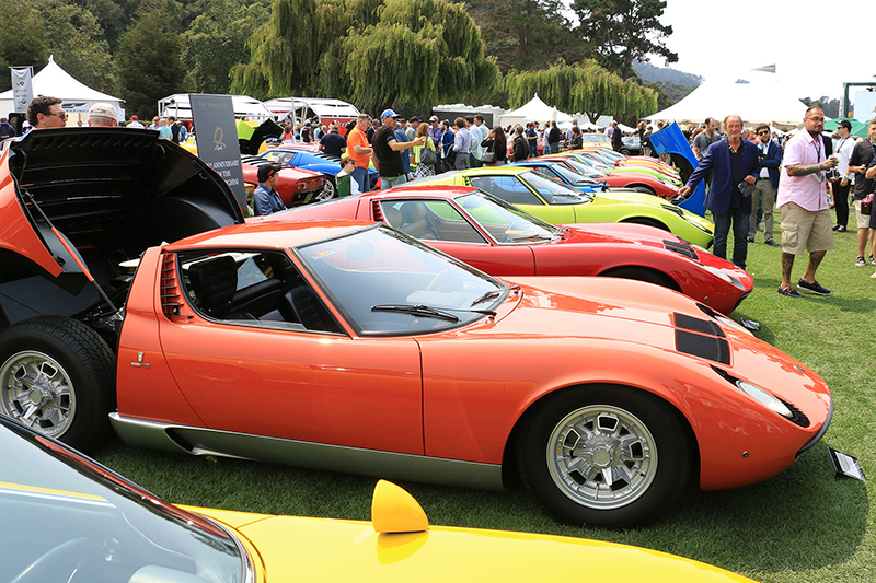 More than two dozen pristine Lamborghini Miuras were displayed at The Quail.