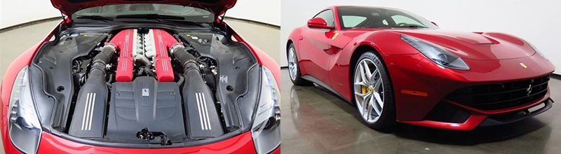 The 2014 Ferrari F12 Rosso Berlinetta, with a peek at its V12 engine.