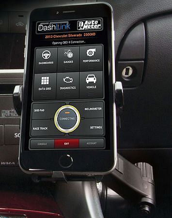 Tablet car mount with the tablet open to the Dasklink app