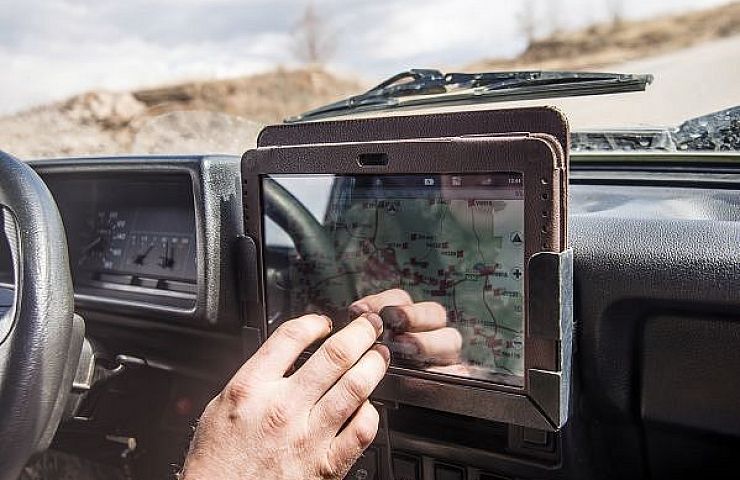 iPad mounted on a dashboard to provide enhanced GPS