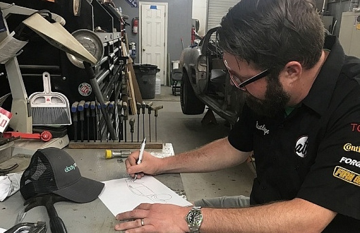 Rutledge Wood sketches his vision for the eBay Mustang Fastback restoration.