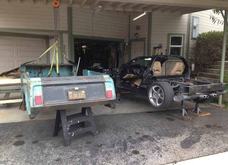 The Jeepster body and C5 Corvette chassis ready for the mashup