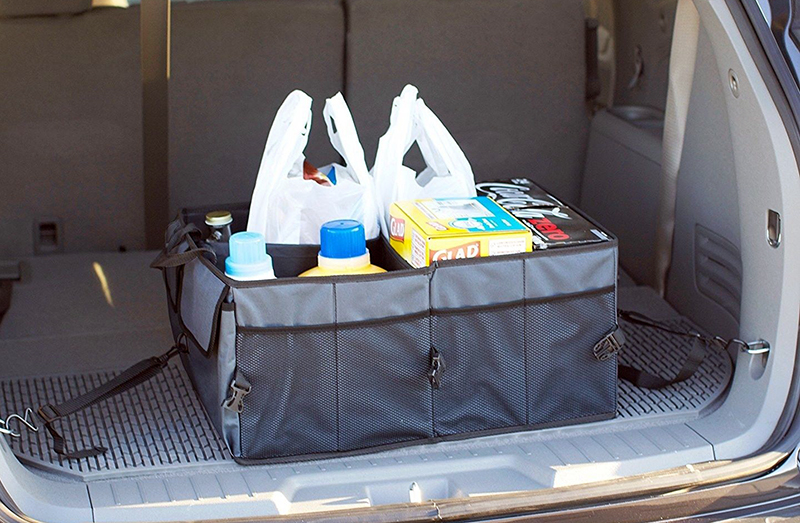 This trunk organizer uses straps to prevent your stuff from sliding around.