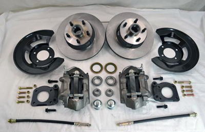 This new front disc brake kit fits a 1967 Mustang.