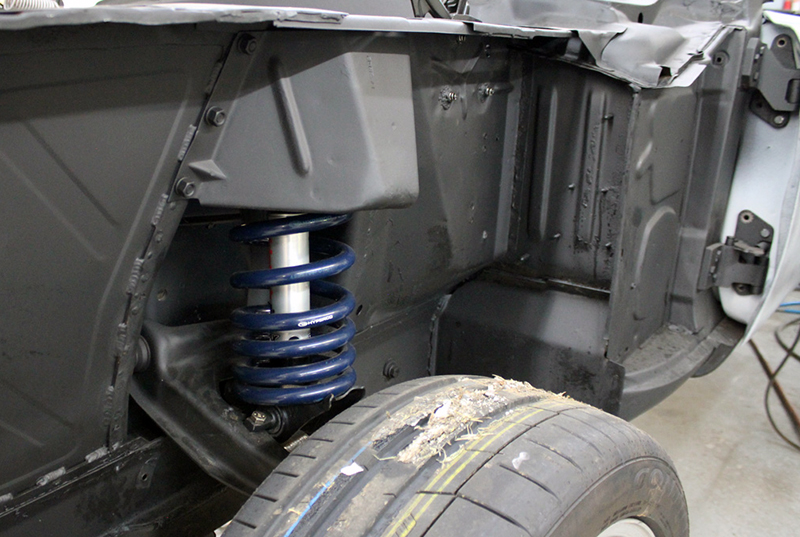The Mustang’s inner fenders have been replaced, along with the shock towers and supports.