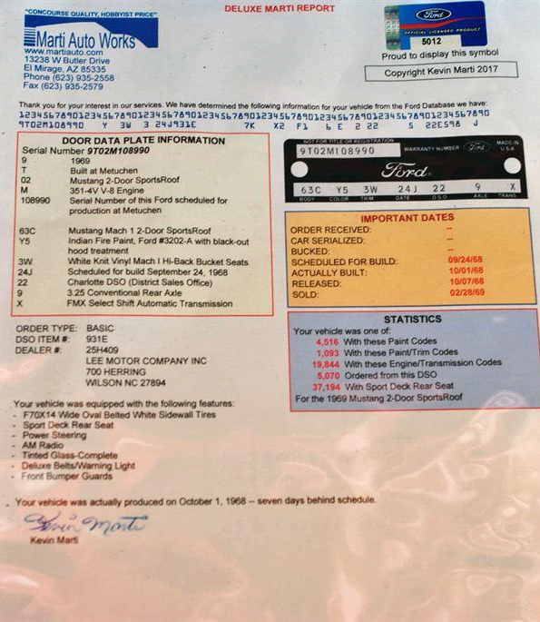 Marti Report for 1969 Ford Mustang Mach 1