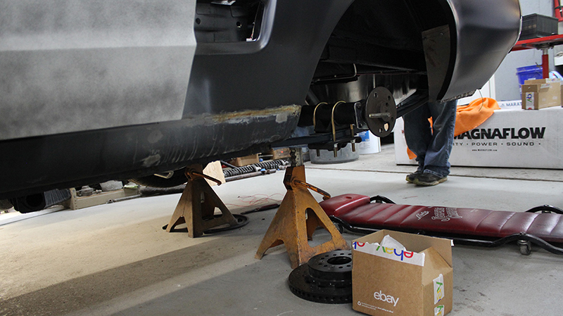 The crew at Kenwood flipped the rear axle last week to provide more clearance. The wheel and tire combo will be revealed on Aug. 19 at the Woodward Dream Cruise, Detroit, Mich.