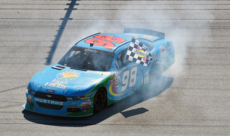 Aric Almirola took the Sparks Energy 300 checkered flag at Talladega in the 2017 Xfinity Series.