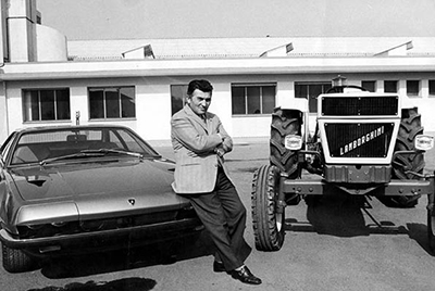 Ferruccio Lamborghini with one of his tractors, and a supercar too.