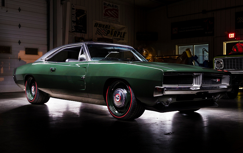 The highly modified 1969 Dodge Charger has a menacing look.