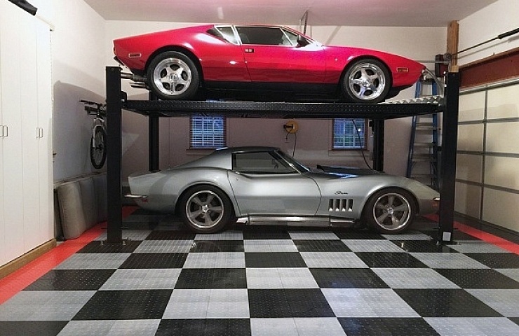 Garage floor tiles and two-car lift