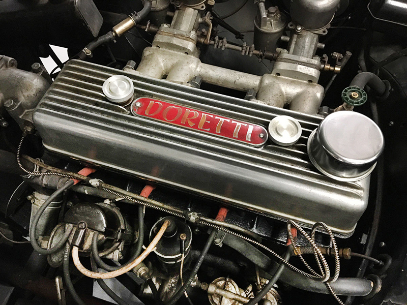 The engine in this car is from a TR3, but it retains the rare Doretti valve covers.