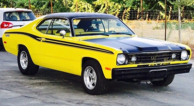 A vinyl car roof can be sporty, as demonstrated by this 1973 Plymouth Duster.