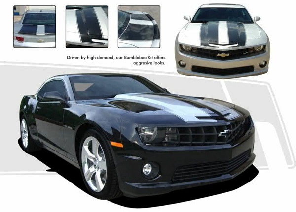 A bumblebee kit for a Chevy Camaro with aggressive stripes