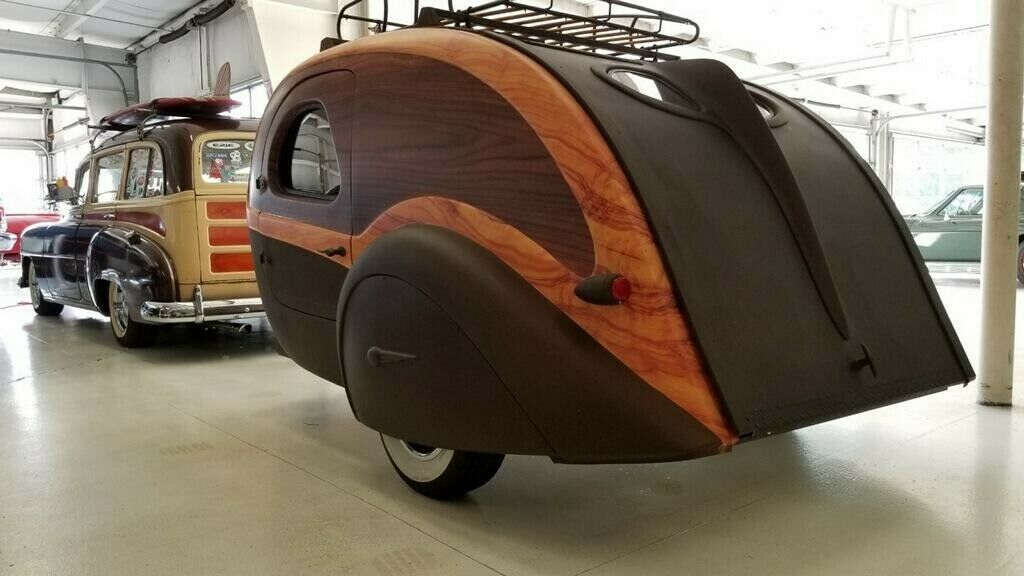 Wood finished teardrop trailer to match a classic woodie wagon