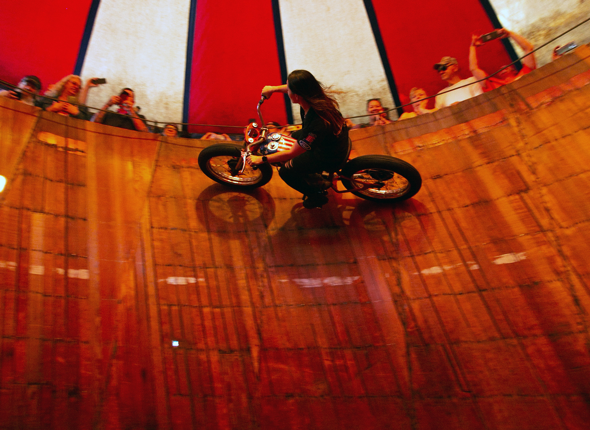 Sandra rides the Wall of Death at the Iron Horse Saloon