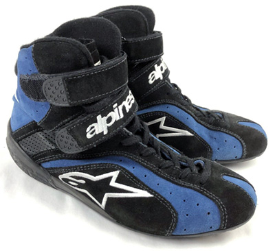 Sanctioned racing events require legit racing shoes, like these blue suede SFI 3.3 Alpinestars.