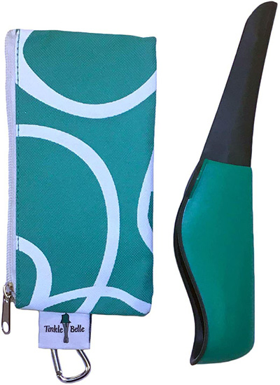 The antimicrobial Tinkle Belle urinary device folds neatly in its carry pouch.
