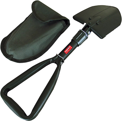 The Tabor Tool J35A folding shovel can be used straight or at a 90-degree angle. It features a serrated edge.