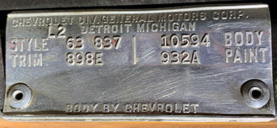 The original  trim tag tells the story of this Corvette’s build history. Th style is 1963 coupe (837) and 10594 is the production number. 