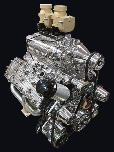 A supercharger engine power upgrade on a Flathead Ford