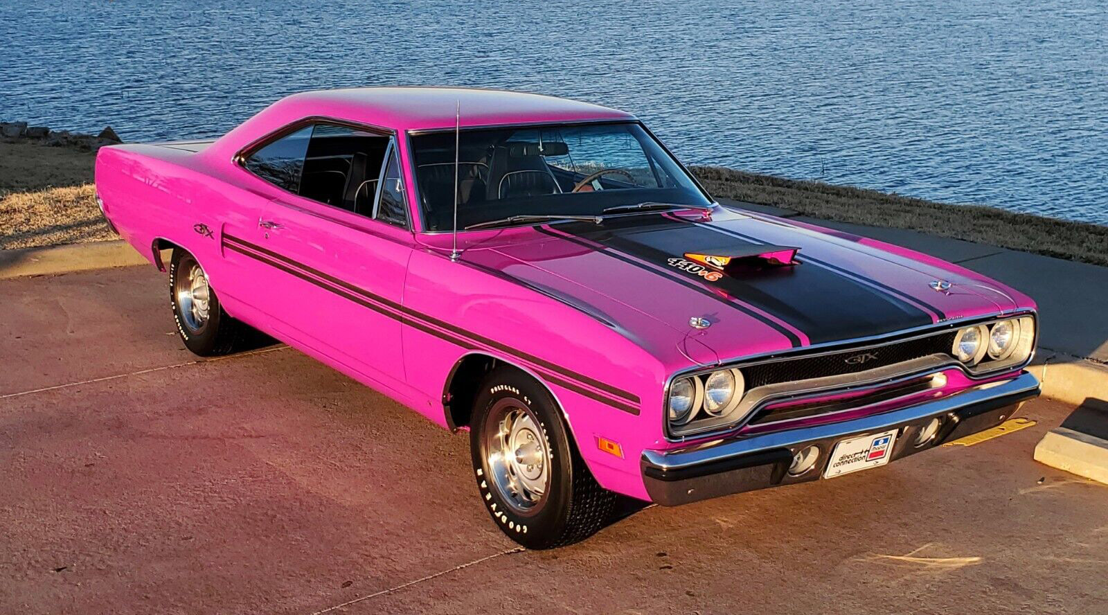 1970 Plymouth GTX front right exterior view in moulin rouge pink