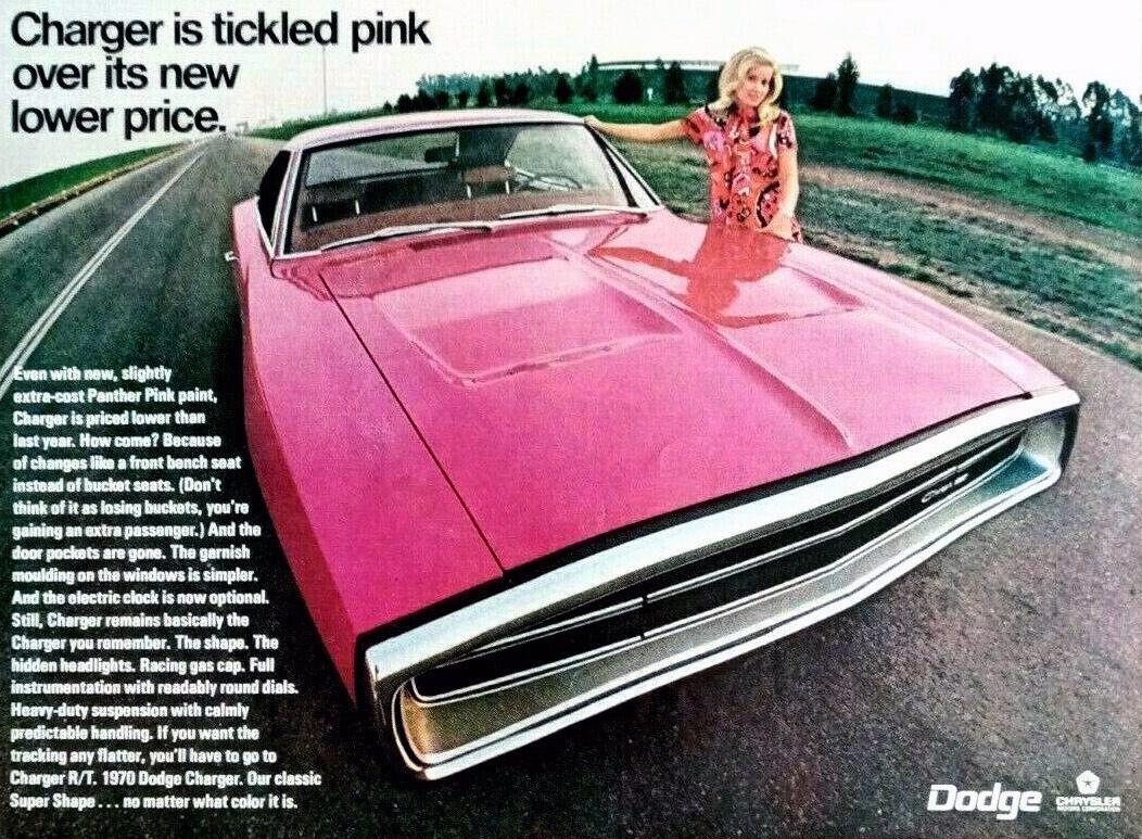 Vintage ad showing 1970 Hot pink Plymouth GTX front exterior view