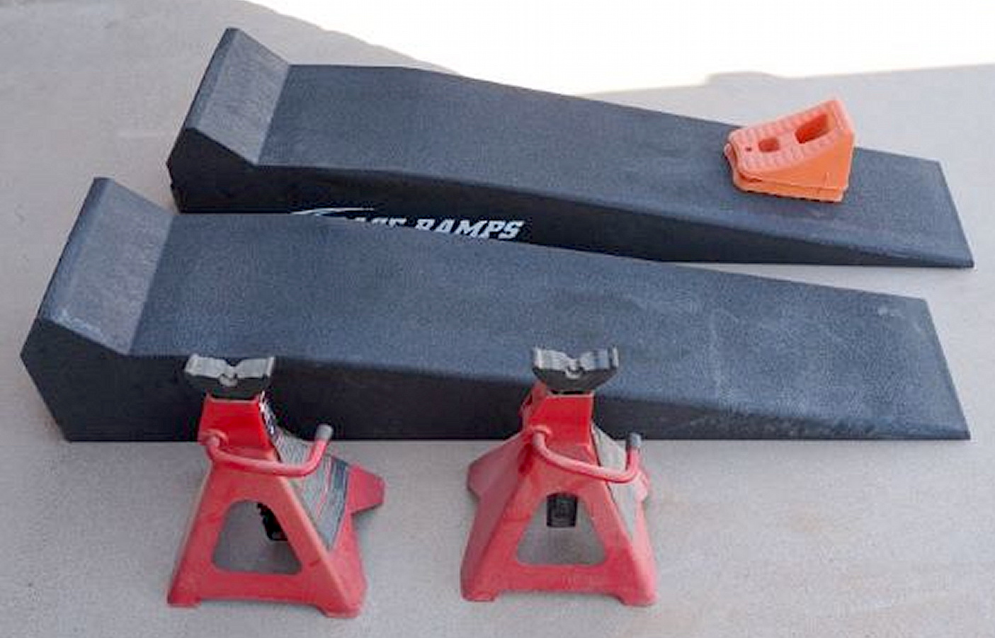Oil change essentials: Race Ramps, jack stands, and wheel chocks. 