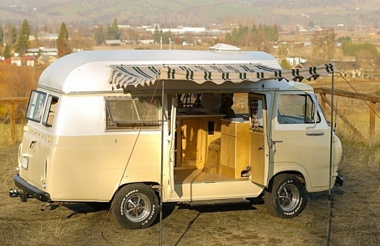 1966 Ford Econoline Camper - right side doors open with awning