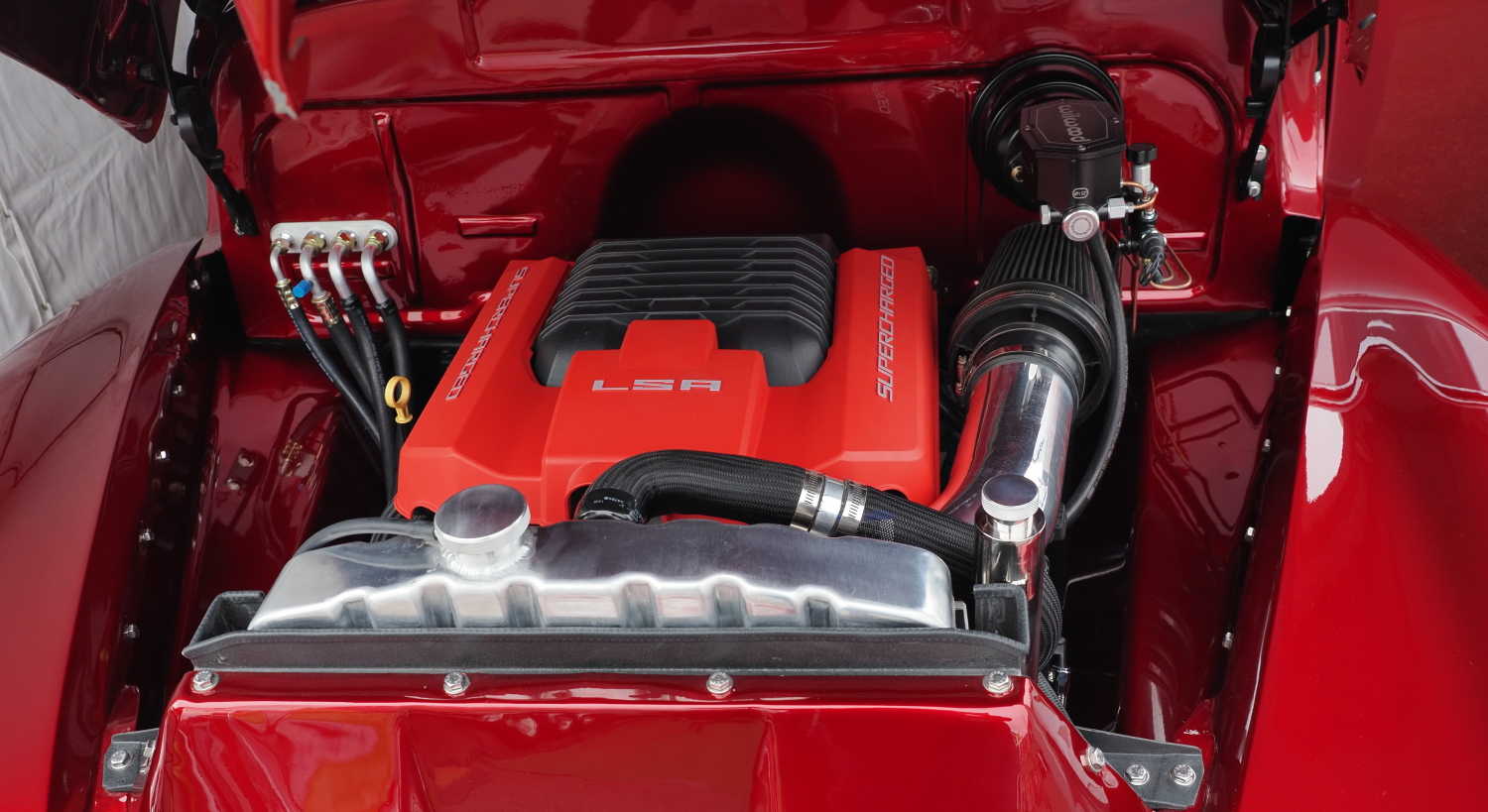 The LSA V-8 fits nicely in the truck's engine bay.