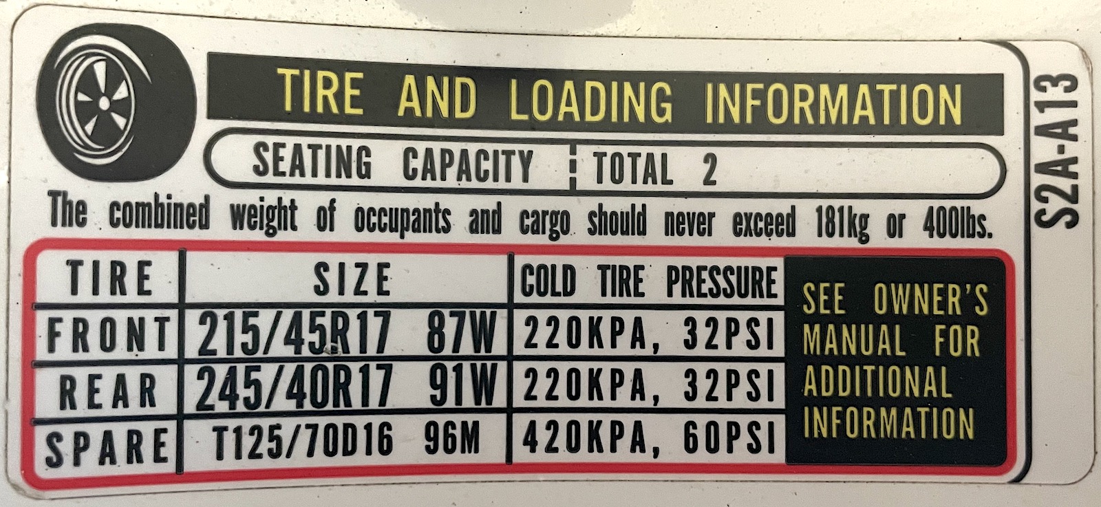 Tire inflation sticker - Honda S2000