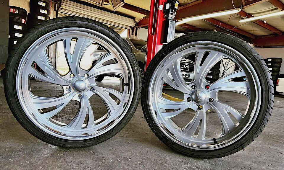 low-profile shoes and chrome rims