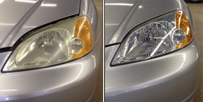 Before and after cleaning an oxidized headlight