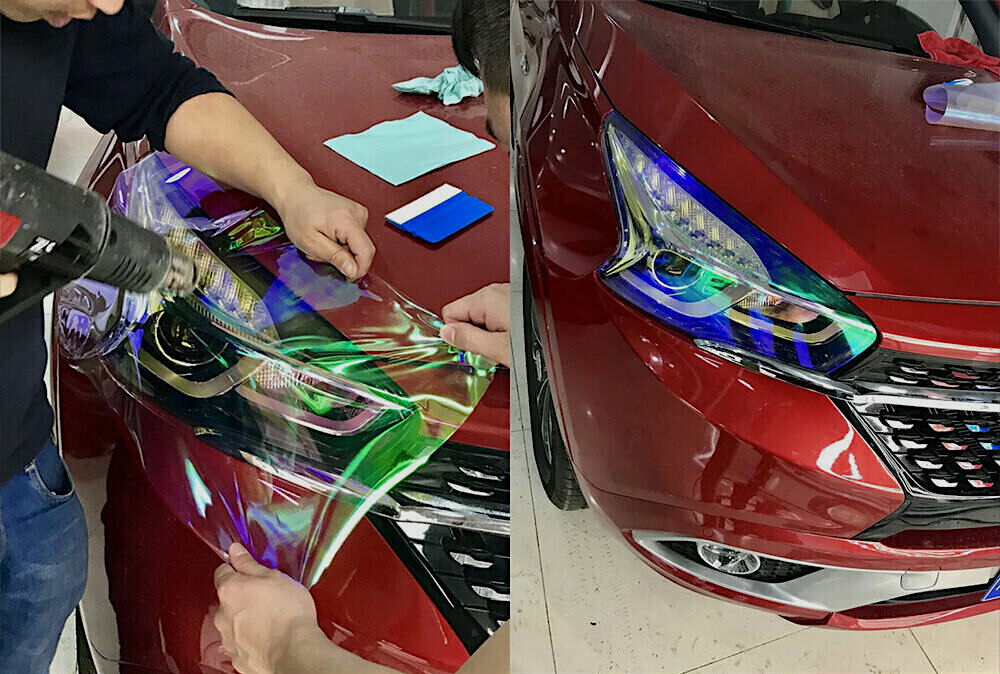 Applying chameleon headlight tint film
