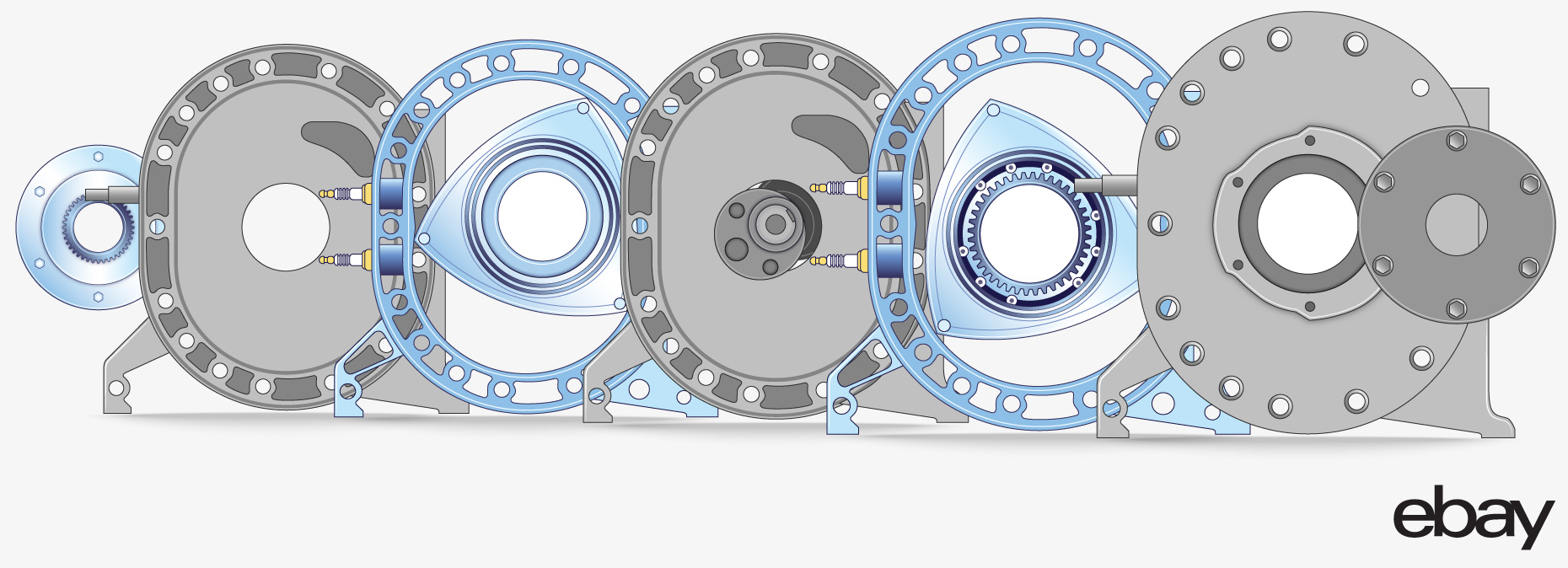 Rotary engines are assembled like sandwiches. This is an exploded view of a two-rotor engine.