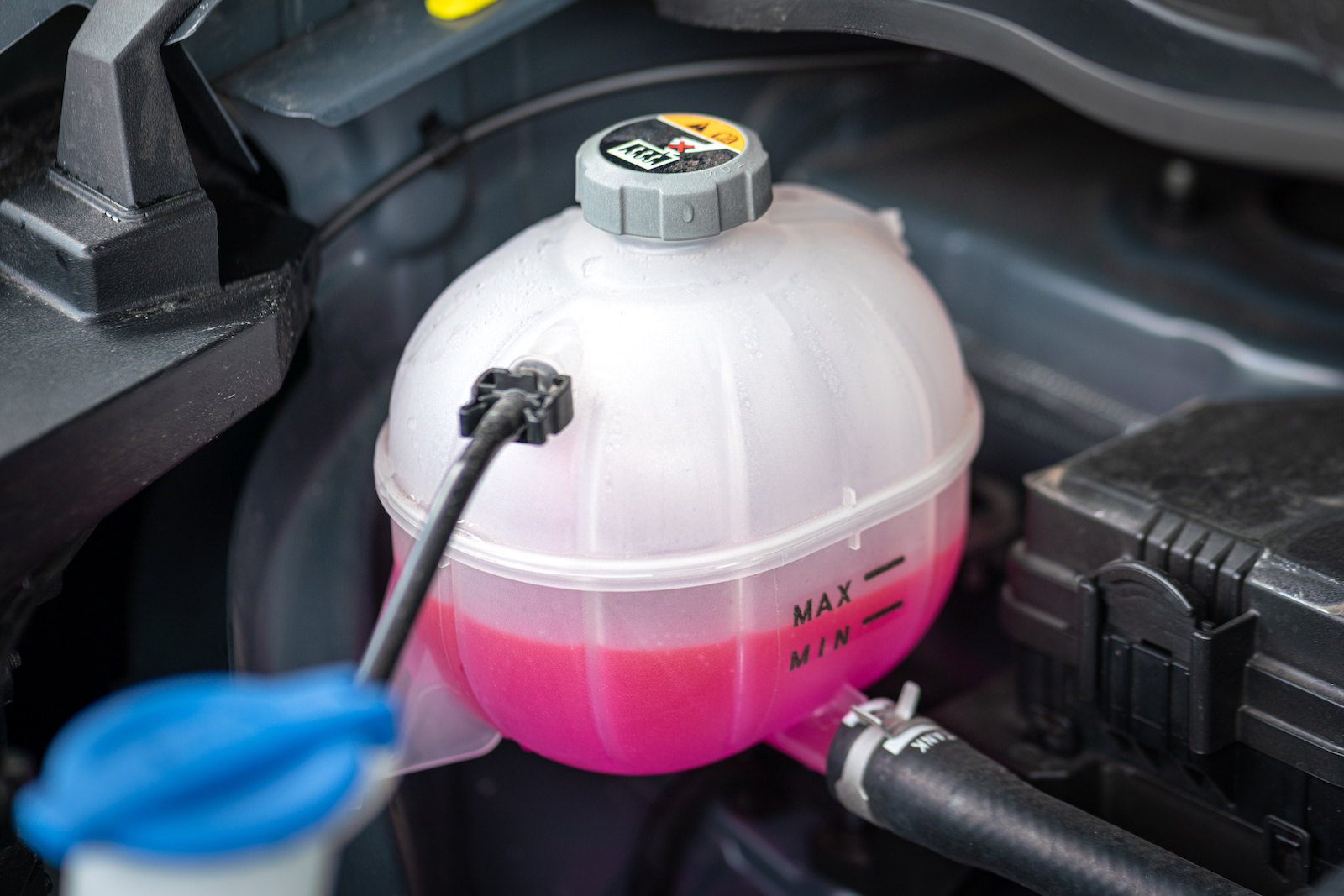 A coolant expansion tank properly filled with pink antifreeze