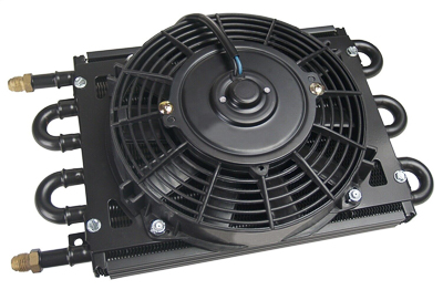 A Dearle brand aftermarket oil cooler with electric fan