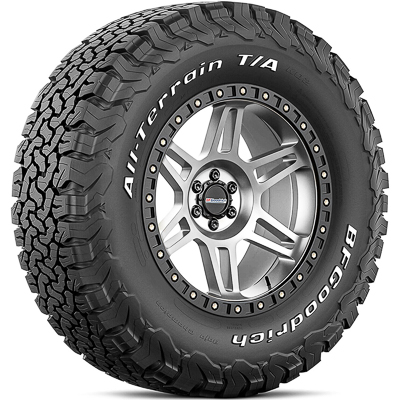 One BF Goodrich All Terrain A/T KO2 off road tire on an alloy wheel.