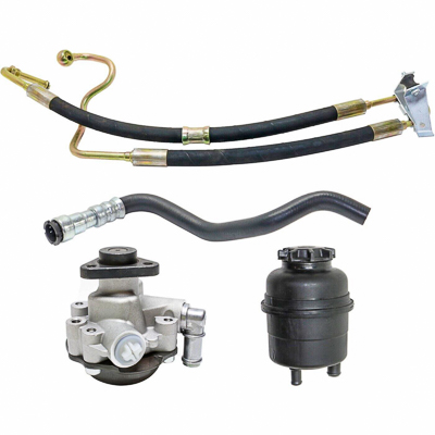 A hydraulic power steering pump replacement kit for BMW with pressure hoses, reservoir, return hose, and pump