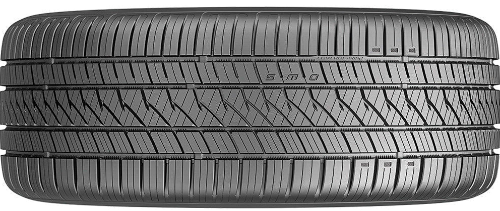 A horizontal view of the tread pattern of a Continental Purecontact LS touring tire