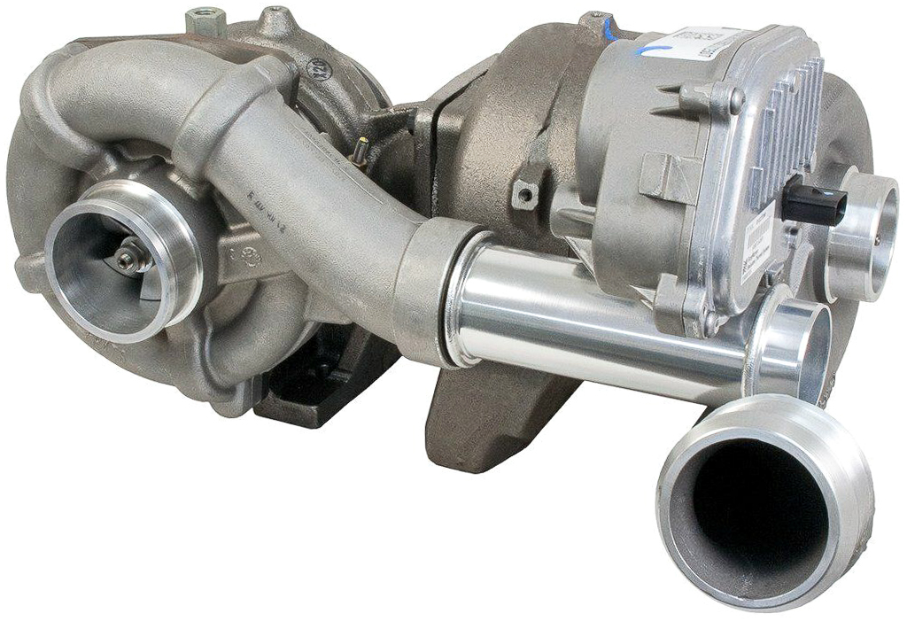 A compound twin-turbocharger assembly for a Ford Powerstroke diesel engine
