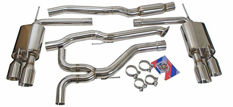 An aftermarket cat-back performance exhaust with hardware and gaskets