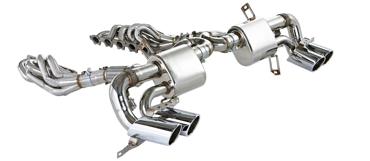An aftermarket performance exhaust system for a Lamborghini Gallardo
