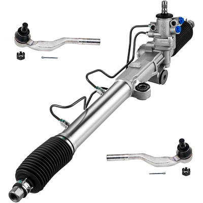 A hydraulic power rack and pinion steering unit and tie-rod ends for a Toyota Tacoma pickup truck.