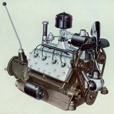 An illustration of a 1932 Ford V-8 flathead engine