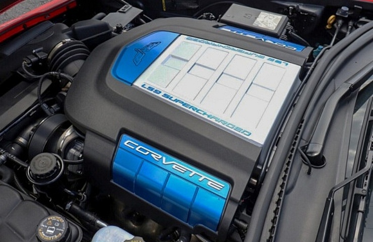 An overhead view of a 2010 Corvette engine bay with an LS9 V-8