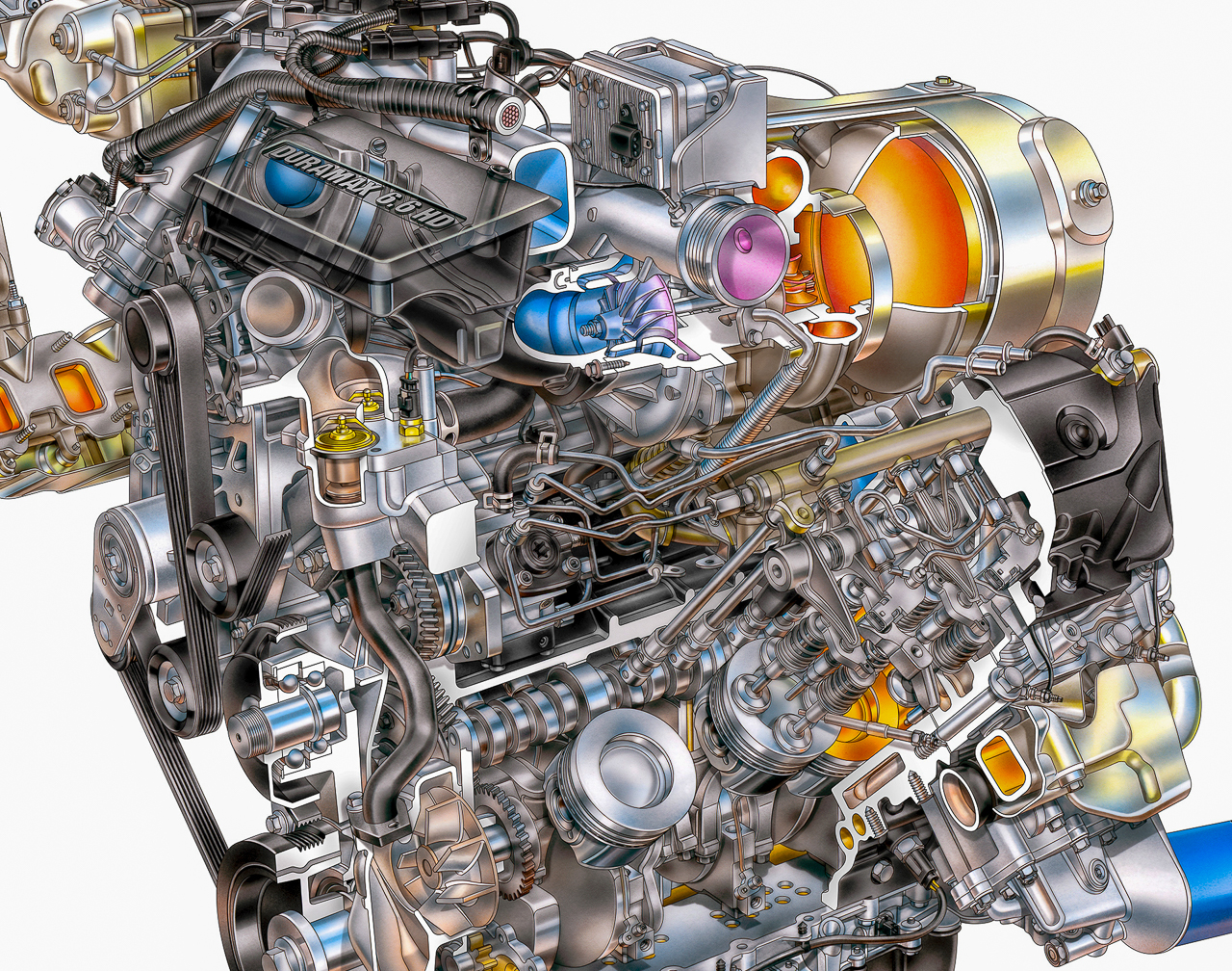 A cutaway drawing of a Duramax L5P V-8 engine