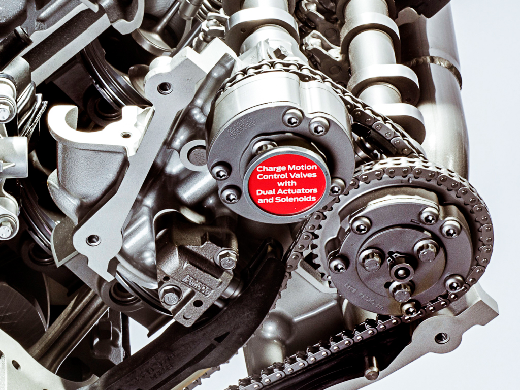 A closeup of the camshafts on a Ford Coyote V-8 engine 